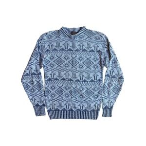 Vintage Oakton Limited Mens Blue White Cotton Geometric Knit Sweater Large USA